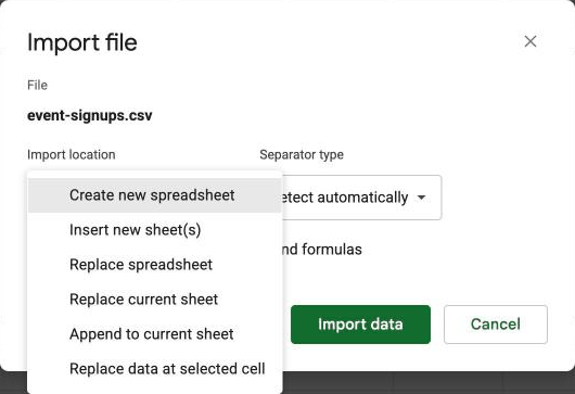 Google Sheets' Import file dialog with the Import location list open: Create new spreadsheet, Insert new sheet(s), Replace spreadsheet, Replace current sheet, Append to current sheet and Replace data at selected cell.
