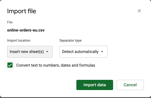The Import file dialog set to Insert new sheet(s), with Separator type on Detect automatically and the box to convert text to numbers, dates and formulas checked.