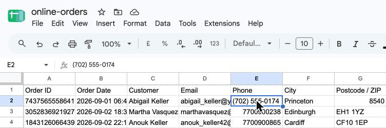 online-orders.csv opened from Google Drive with Open with > Google Sheets: phone numbers such as 7700900238 have lost their leading 0, and the ZIP code for Princeton reads 8540.