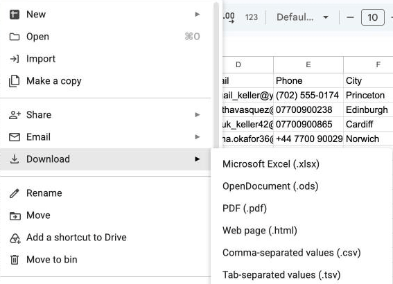 Google Sheets' File menu open at Download, with Comma-separated values (.csv) listed under Microsoft Excel (.xlsx), OpenDocument (.ods), PDF (.pdf) and Web page (.html).