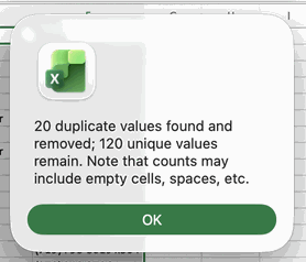 Excel's confirmation message: 20 duplicate values found and removed, 120 unique values remain.