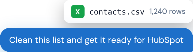 A message to Bridgeant with contacts.csv attached, asking it to clean the file up for HubSpot