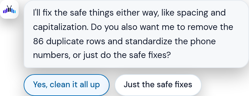Bridgeant asking whether to remove 86 duplicate rows and standardize the phone numbers, with two answers to choose from