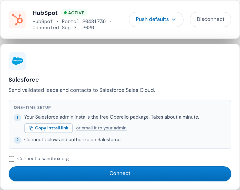 A connected HubSpot account in Operelio, and the Salesforce card with its one-time admin setup