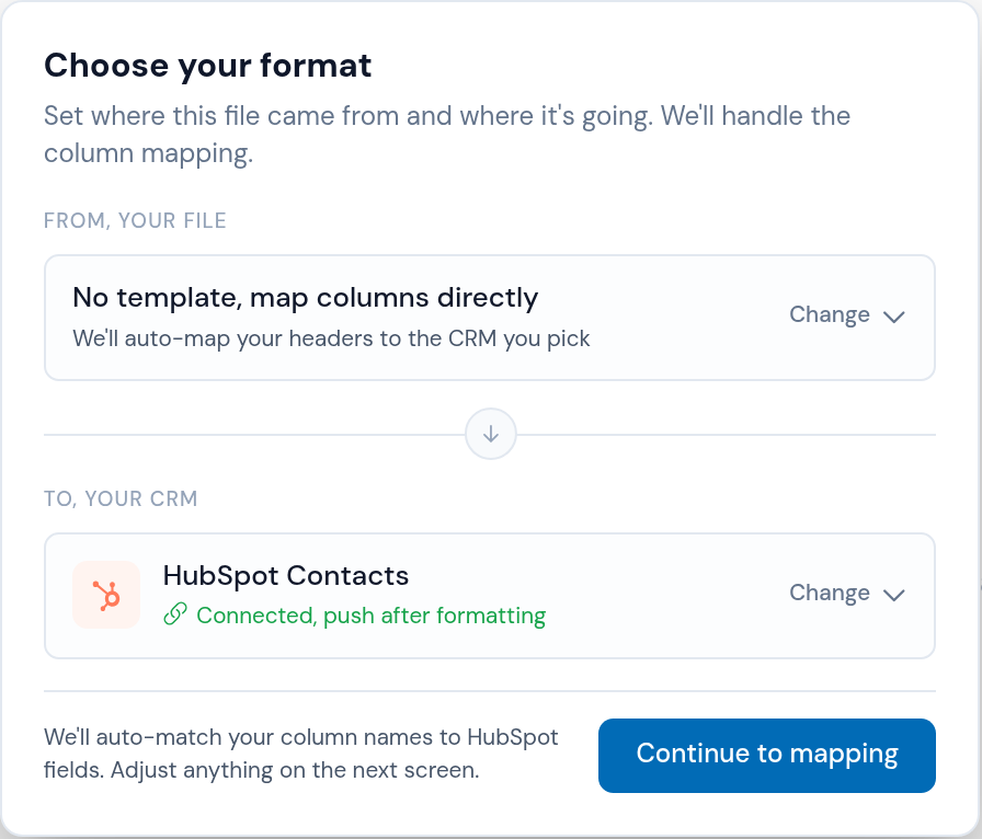 Choosing the format for a file: from your file, to HubSpot Contacts, with the columns auto-matched to HubSpot fields