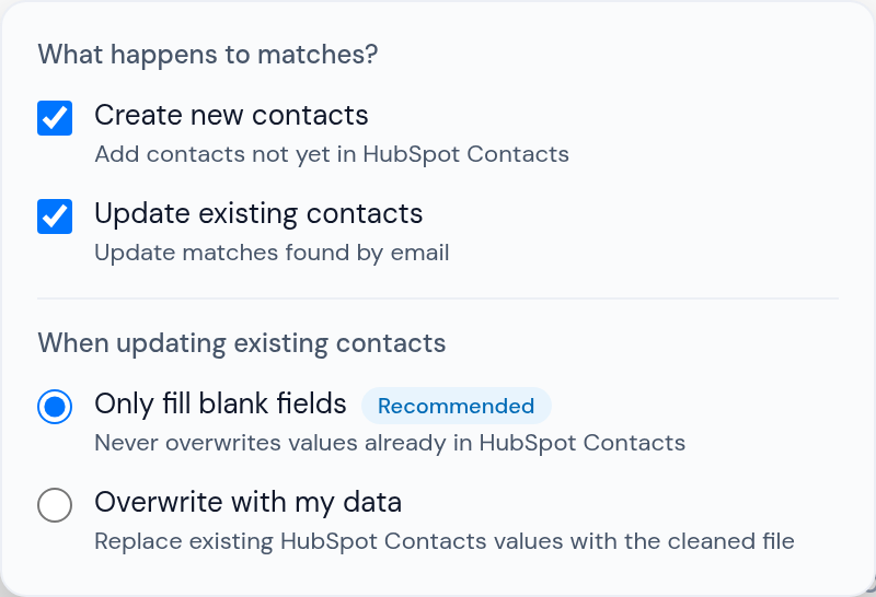 Push options: create new contacts, update the ones matched on email and fill only the fields that are empty