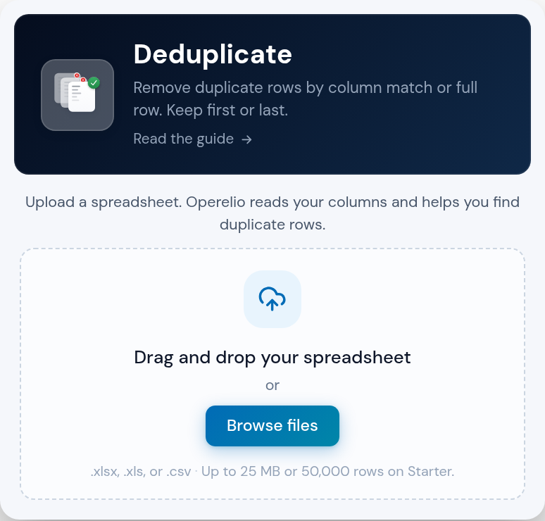 The Deduplicate tool in Operelio, with a link to its guide and a drop area for a spreadsheet