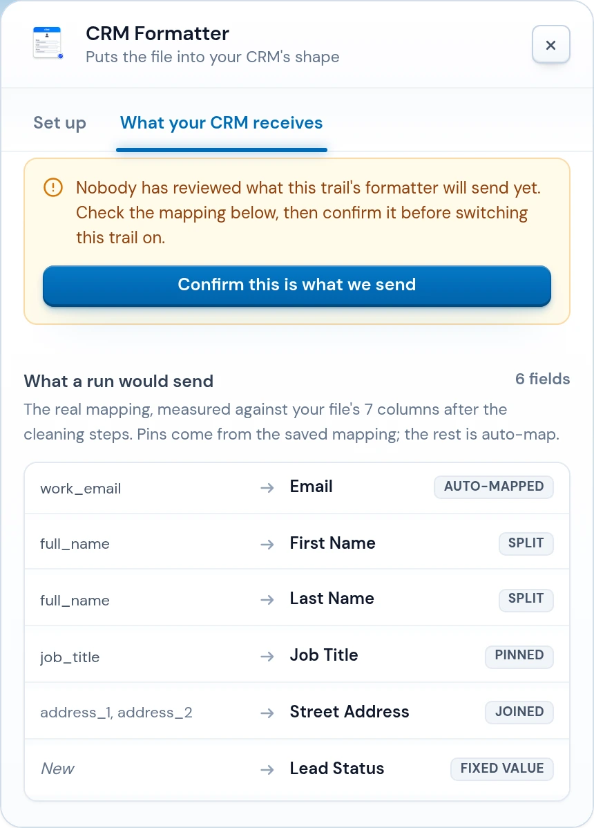 The CRM Formatter step in a trail: file columns matched to HubSpot fields, with the mapping saved for every run
