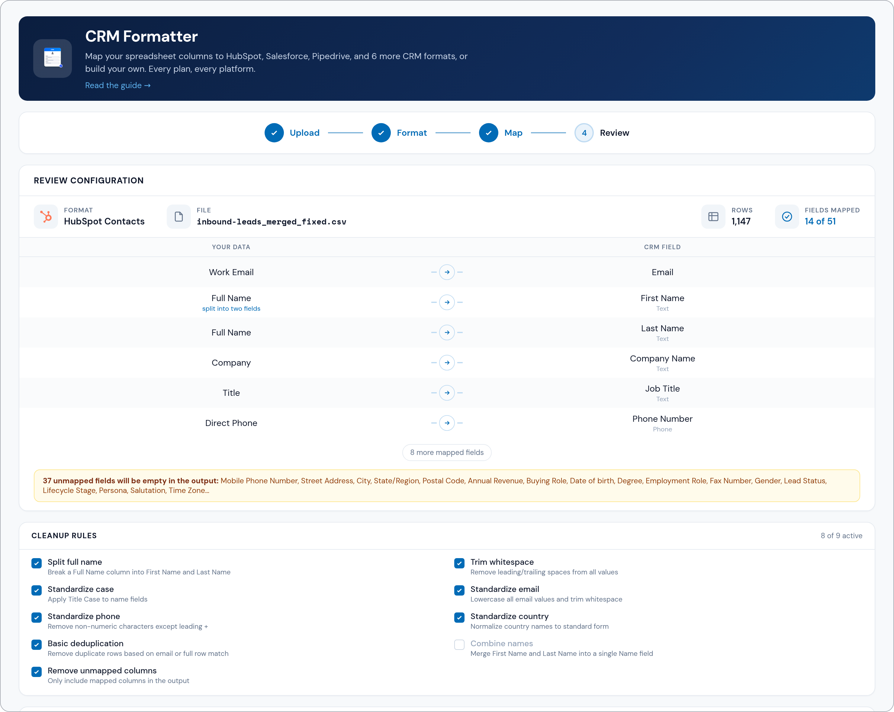 The CRM Formatter review step: 1,147 rows, 14 of 51 HubSpot fields mapped, cleanup rules and the output preview