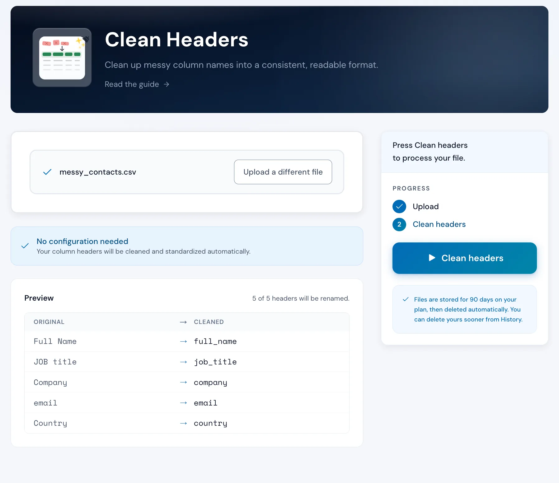 The Clean Headers tool in Operelio previewing the rename of every column, turning Full Name into full_name and JOB title into job_title.