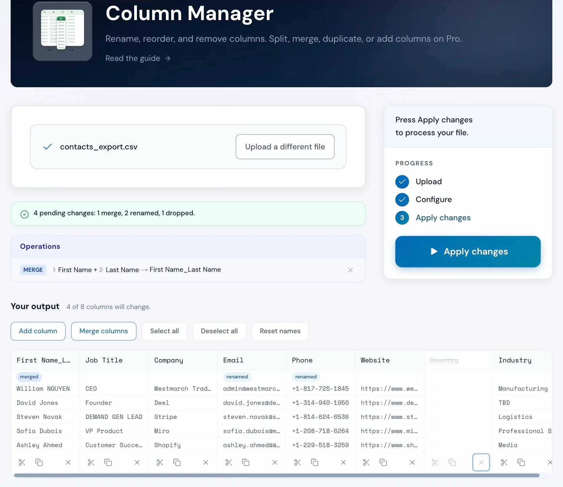 The Column Manager in Operelio with 4 pending changes queued: one merge, two renames and one dropped column, shown as chips on the affected columns.