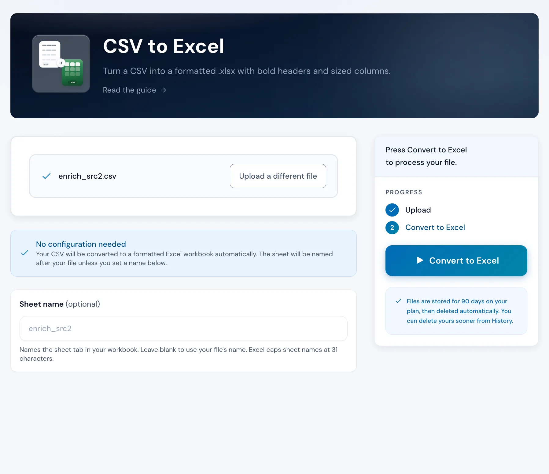 The CSV to Excel tool in Operelio with a file uploaded, ready to convert to a formatted workbook with no configuration needed.