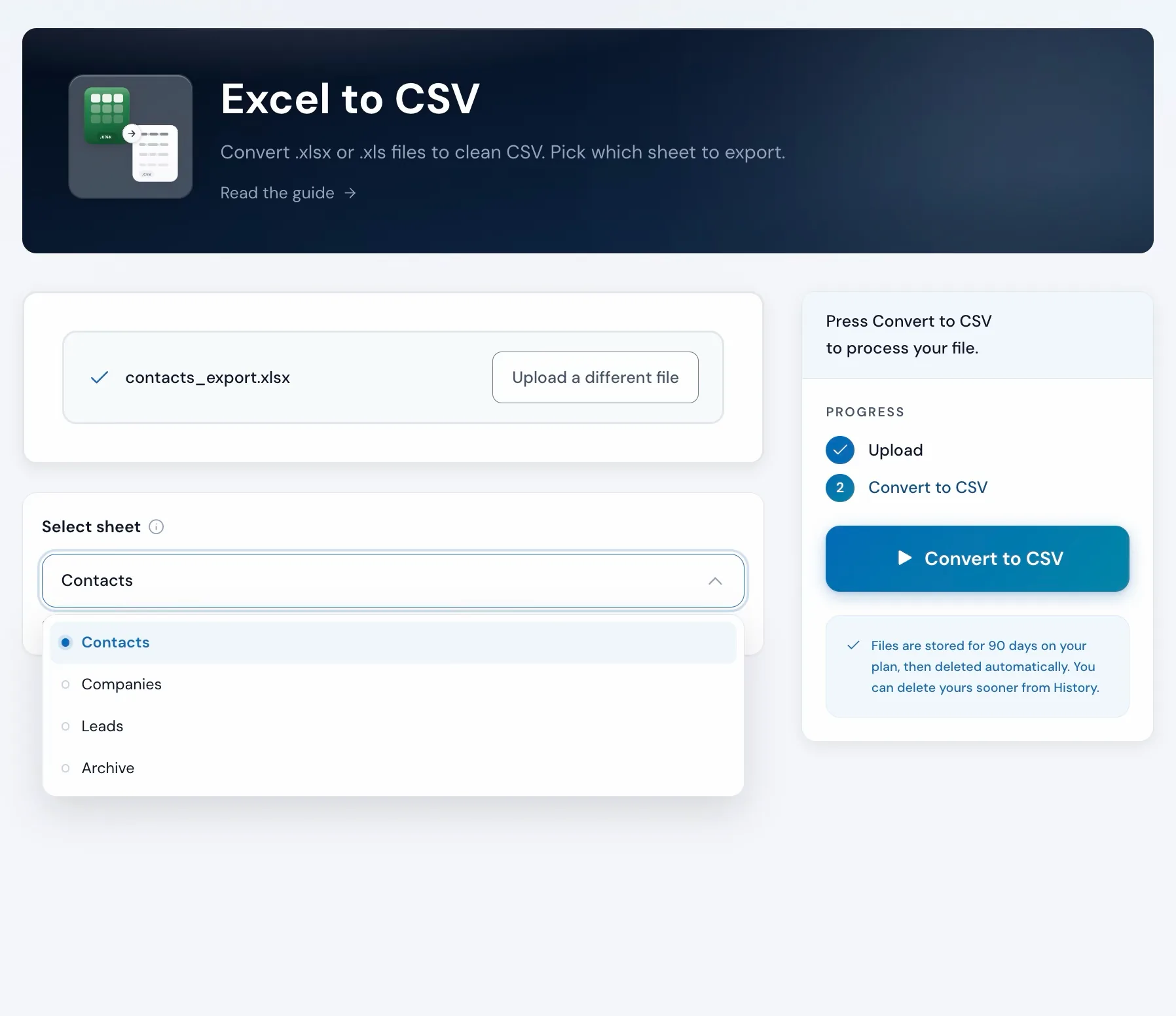 The Excel to CSV tool in Operelio with contacts_export.xlsx uploaded and the sheet picker open, listing Contacts, Companies, Leads and Archive.