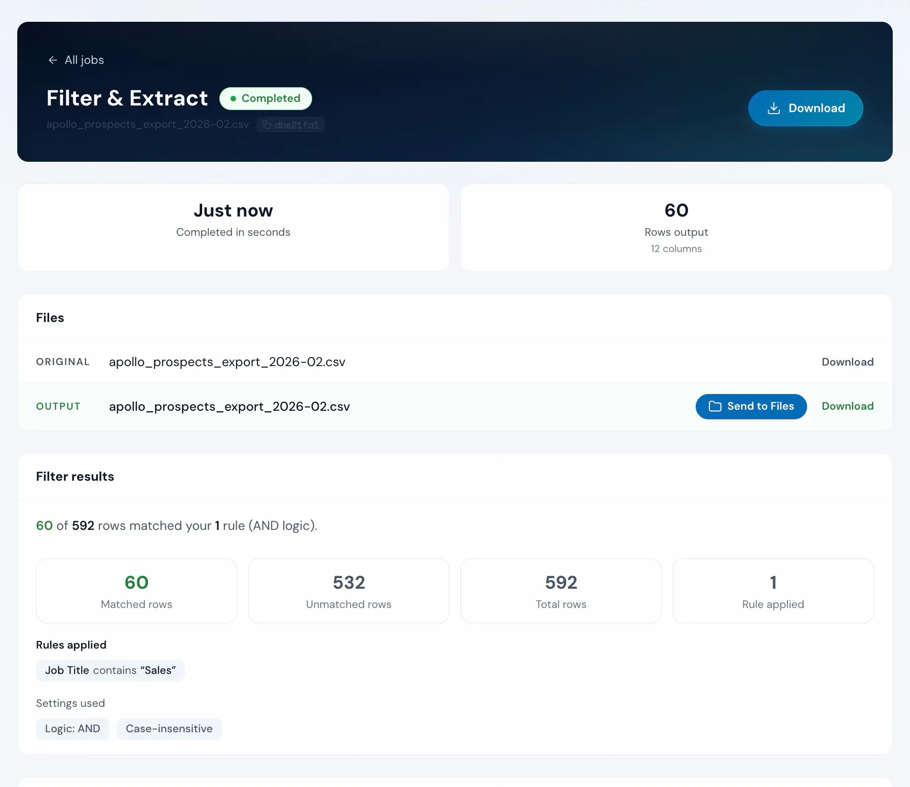 A completed filter in Operelio: 60 of 592 rows matched a Job Title contains Sales rule, with 532 unmatched, ready to download.