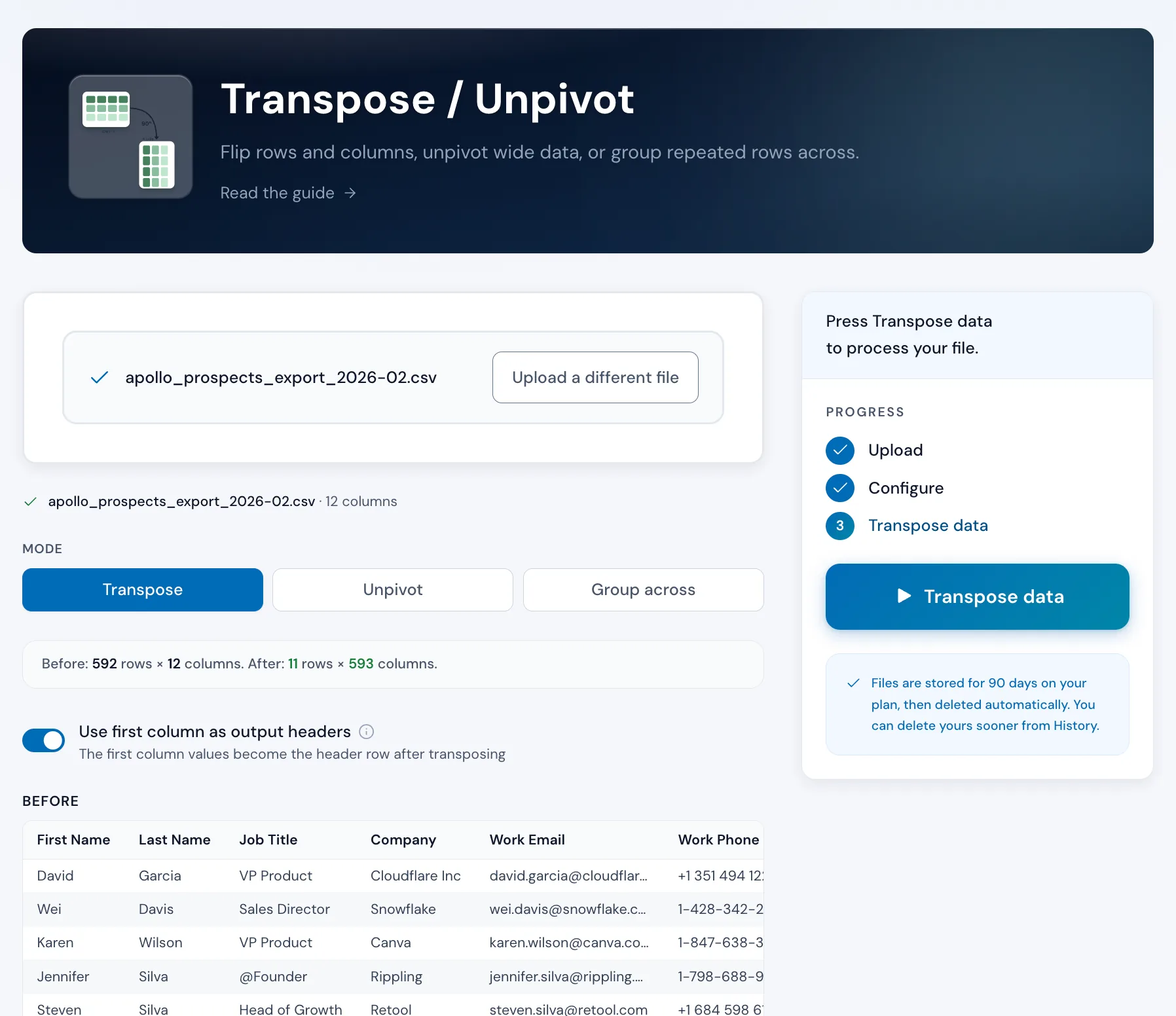The Transpose and Unpivot tool in Operelio showing the before table and the row and column counts that result from flipping it.