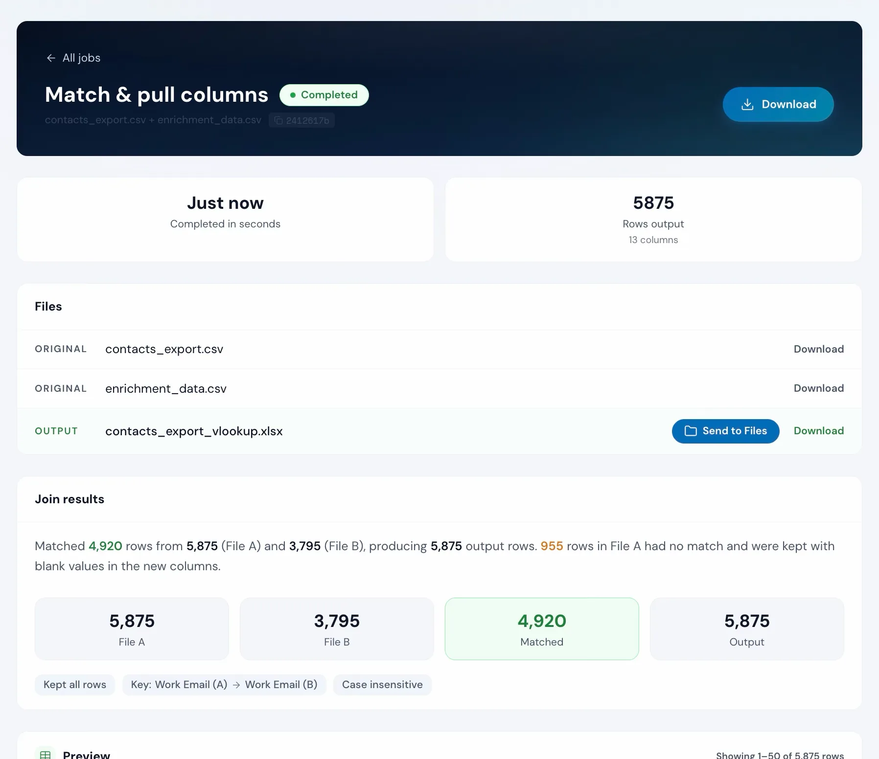 Match and pull columns in Operelio: 4,920 rows matched between two files