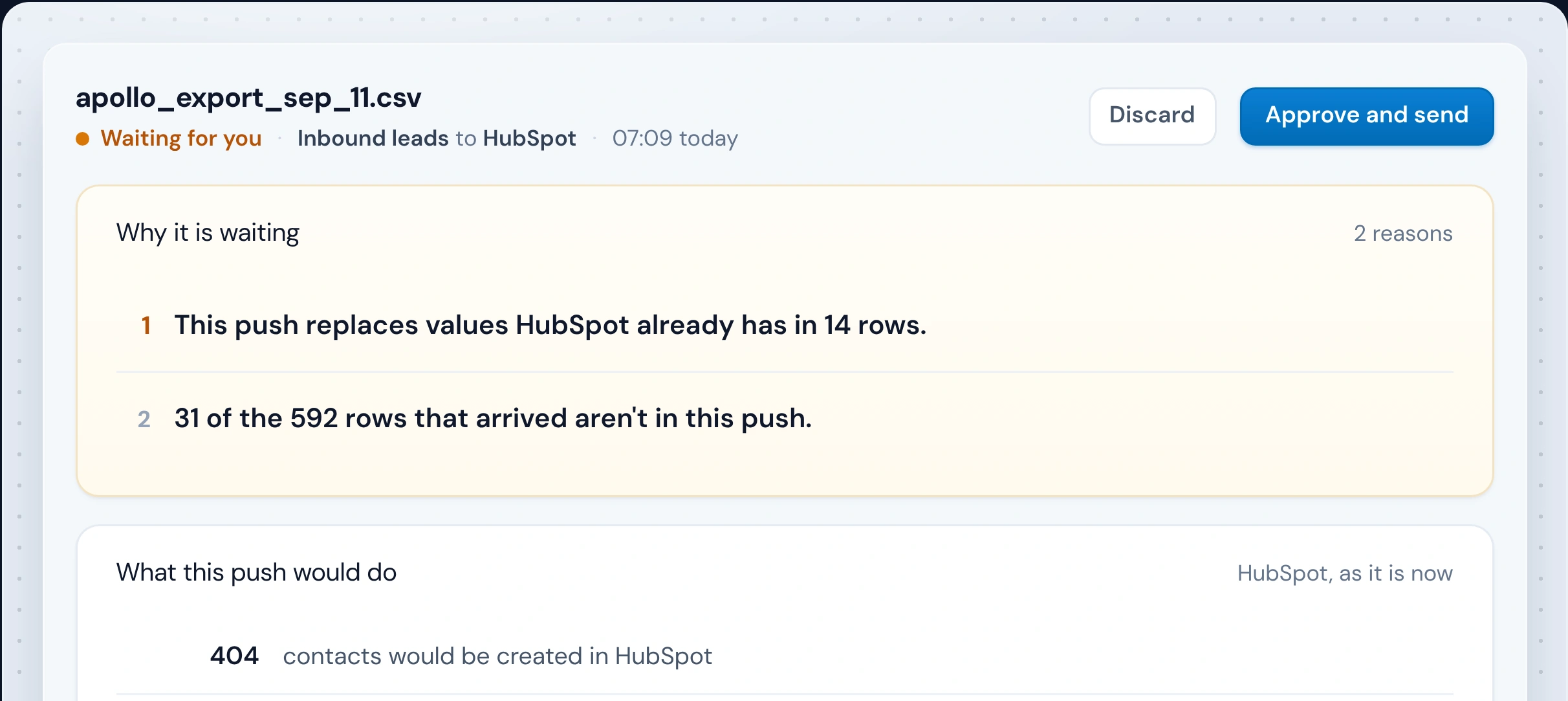 A run waiting for approval in Operelio: why it is waiting, what the push would do, and the Approve and send button