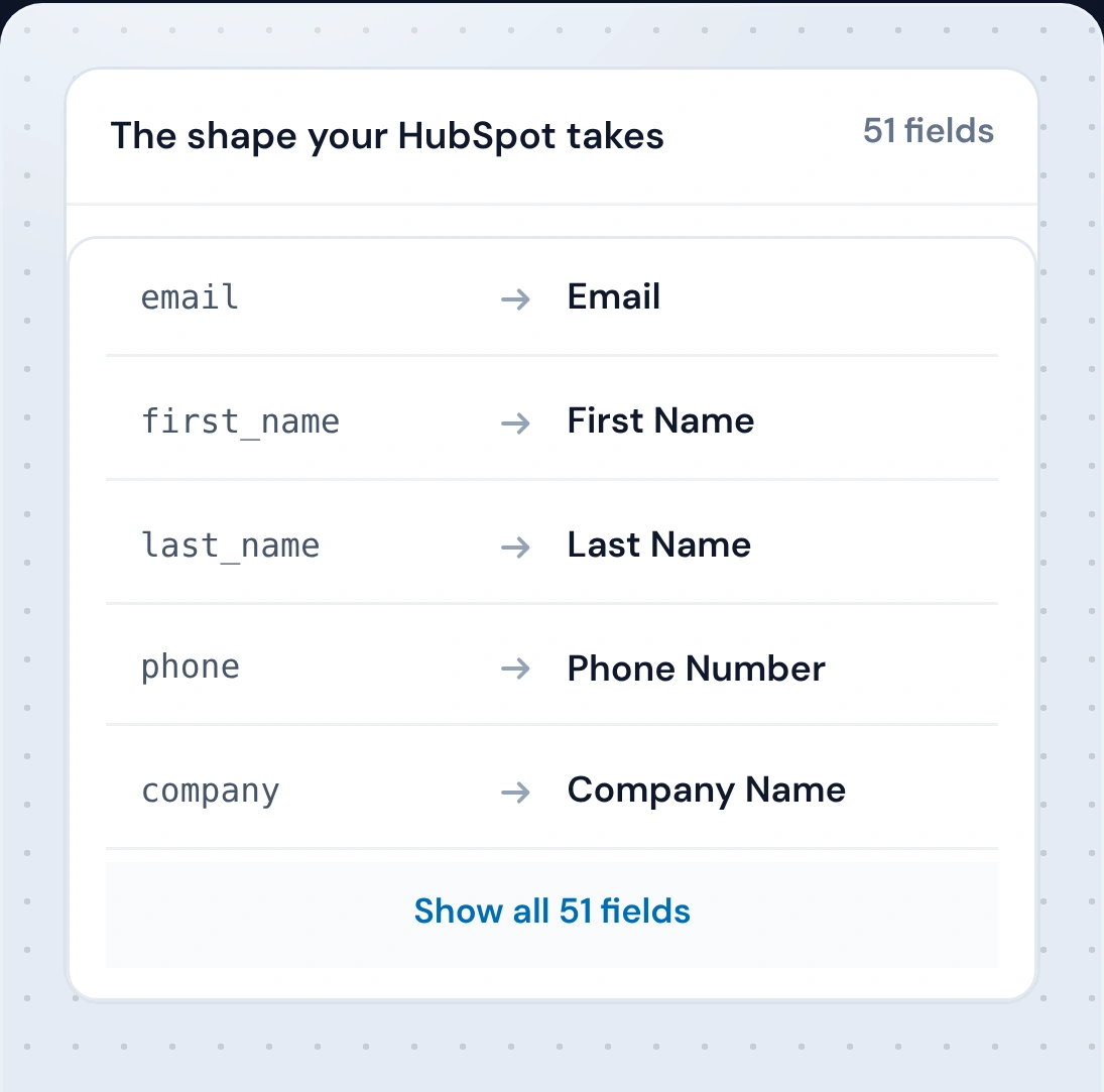 The shape your HubSpot takes: file columns matched to HubSpot fields, 51 fields in all