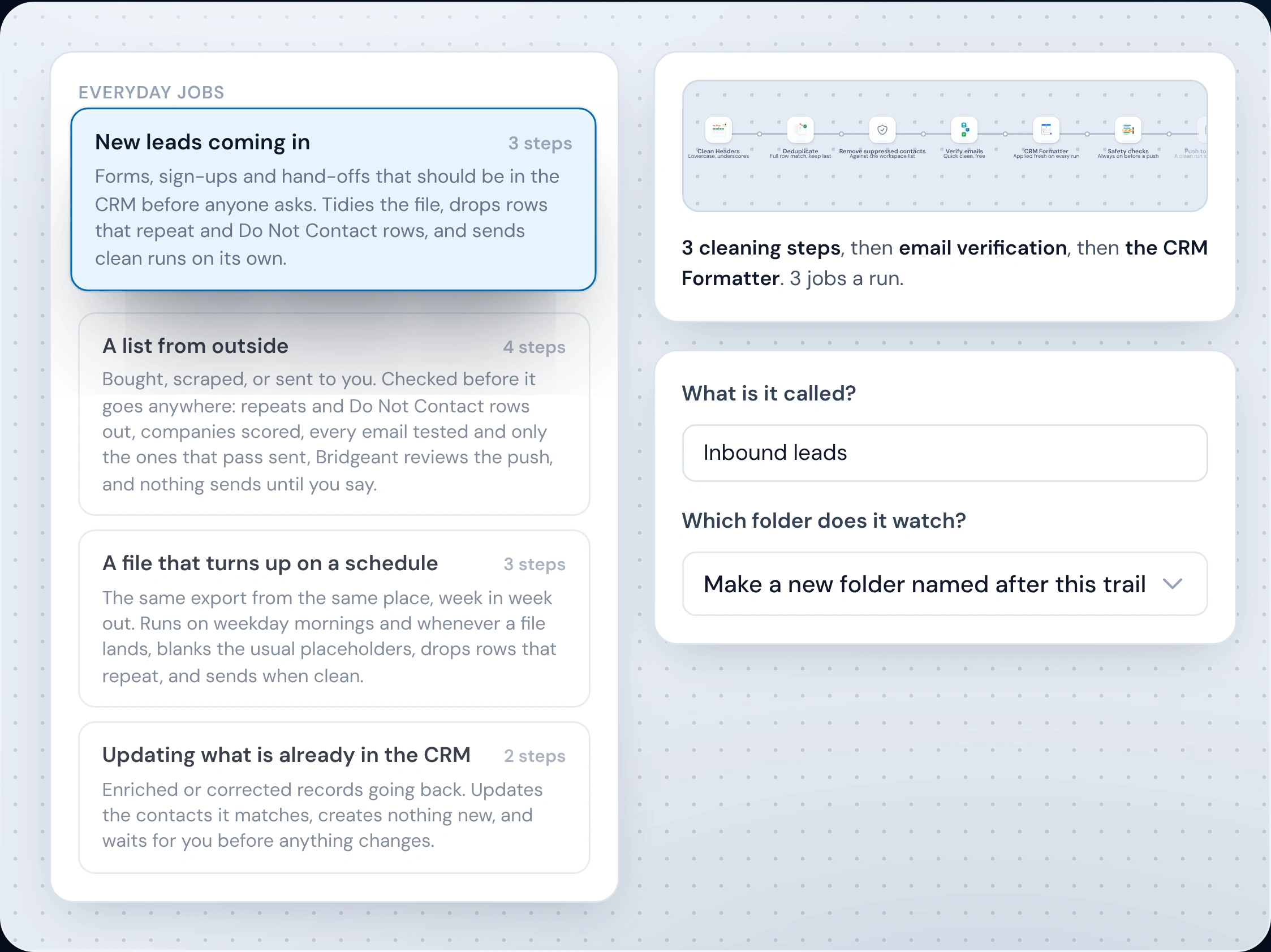Choosing a trail template in Operelio: the New leads coming in template selected, a preview of the trail it makes, and the name and folder fields