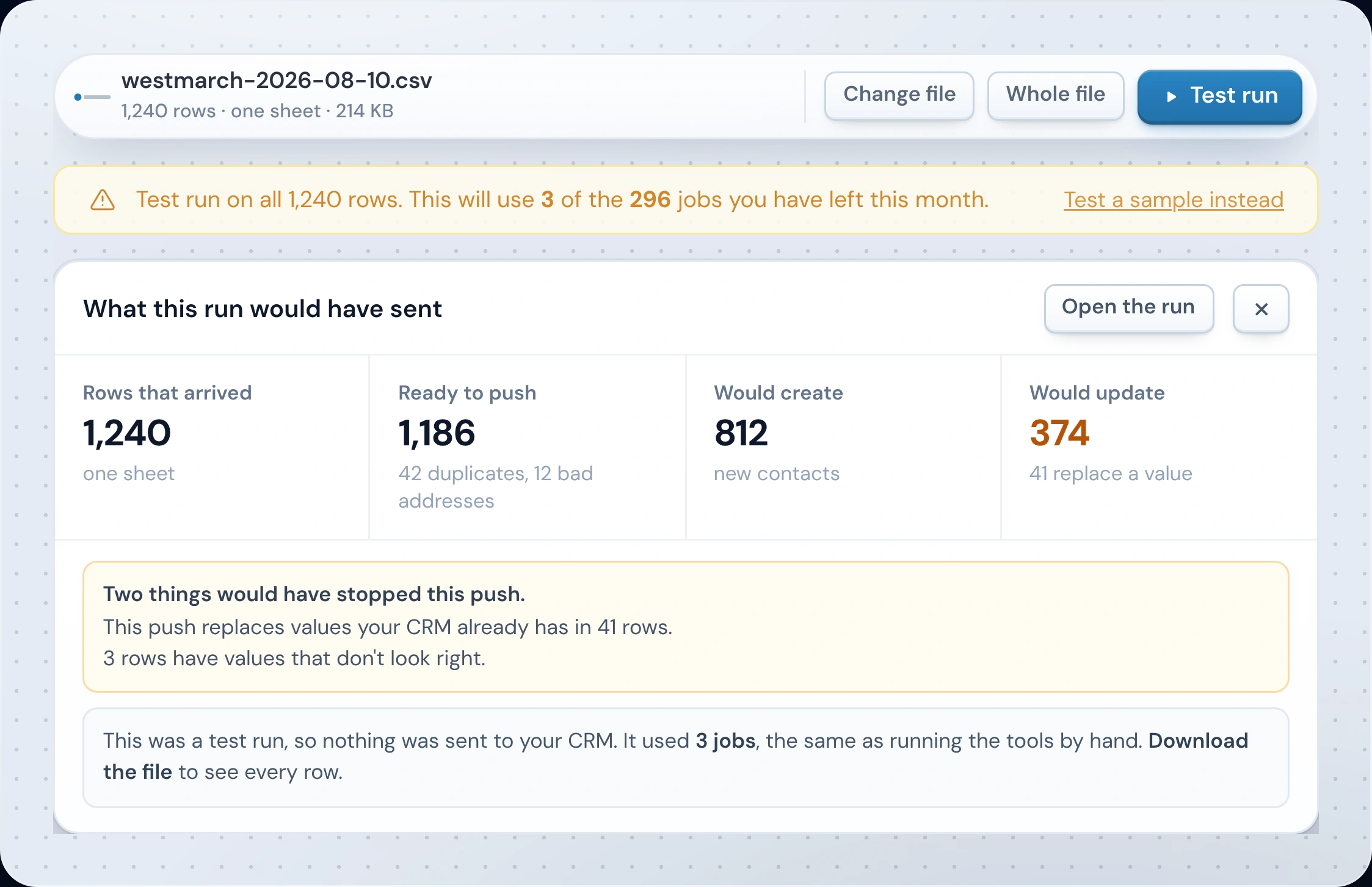 A test run in the Operelio sandbox: the file loaded, the cost of the run, and the report of what it would have sent, including two things that would have stopped the push