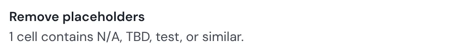 From the real Data Health Check: Remove placeholders, 1 cell contains N/A, TBD, test, or similar