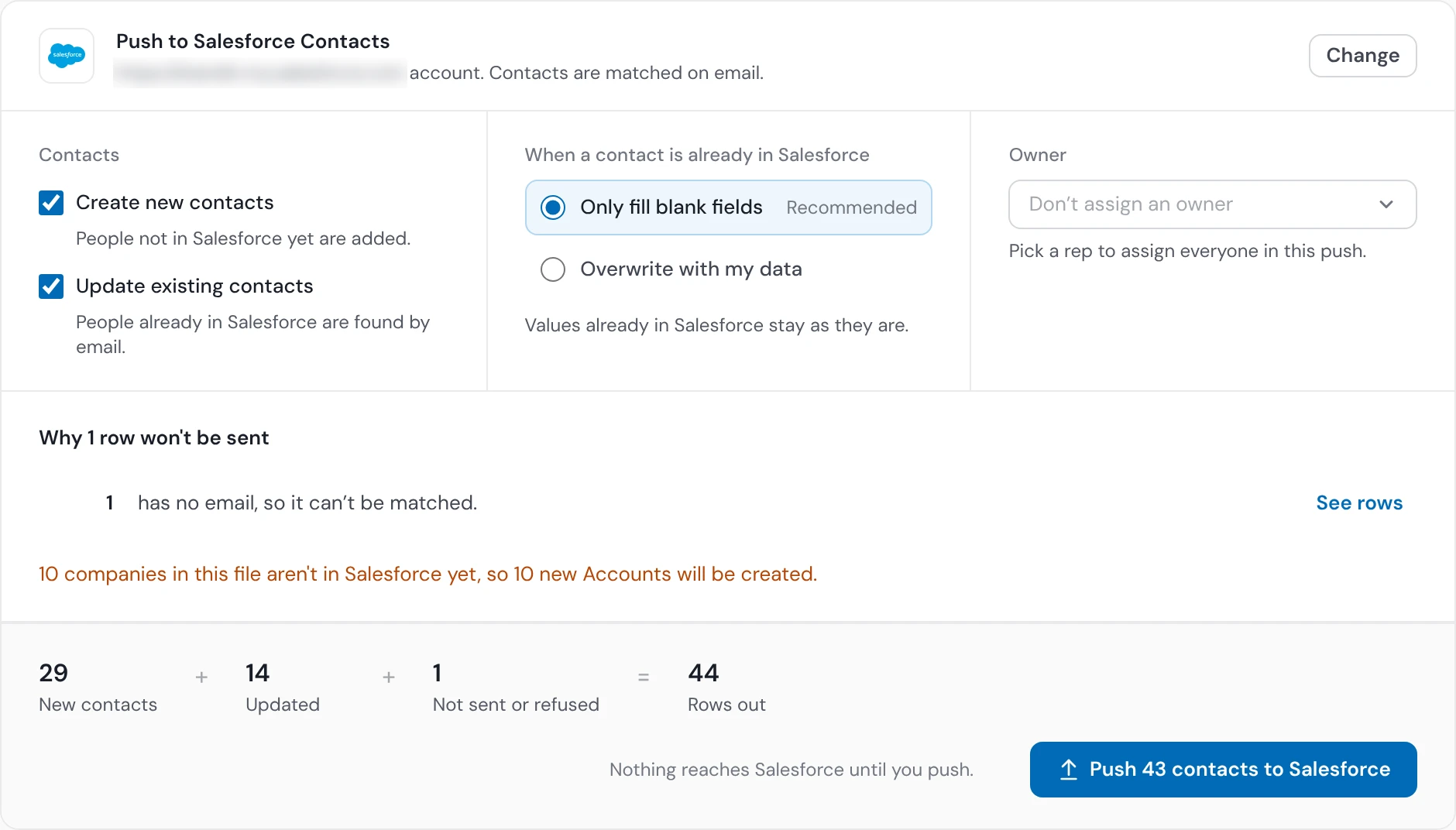 An import into Salesforce before it runs: 29 new contacts, 14 updated, 1 not sent because it has no email, 10 new Accounts, and nothing sent until you push