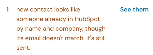 From the real push panel: 1 new contact looks like someone already in HubSpot by name and company, though its email doesn't match. It's still sent.