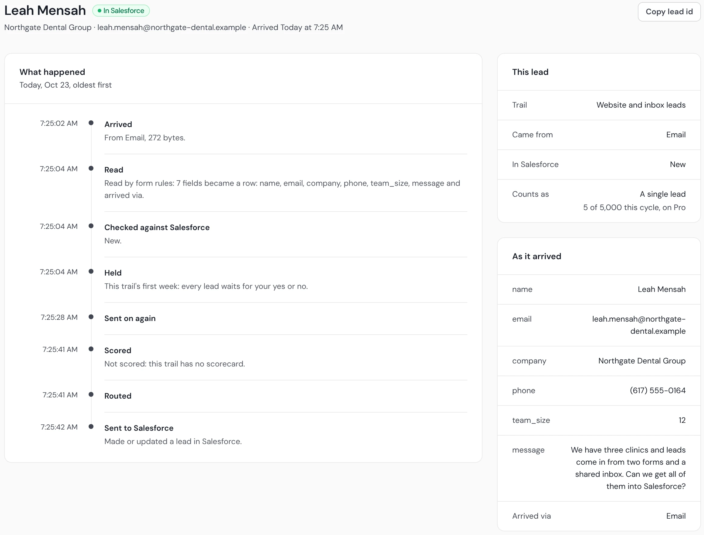 An emailed inquiry in Operelio as one lead: read by form rules into a row of seven fields, including how it arrived, held for the trail's first week, then sent to Salesforce