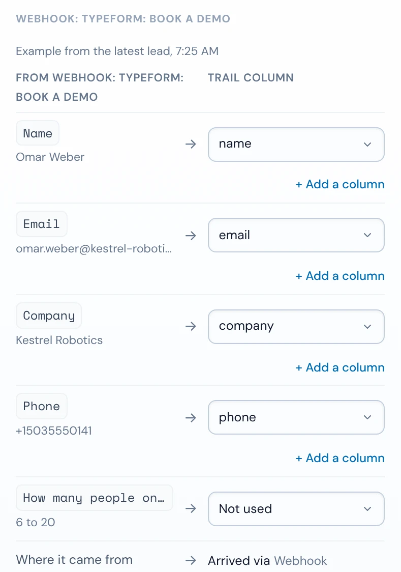 Map sources on a trail: Typeform's Name, Email, Company and Phone questions mapped to the trail's columns, and the team-size question not used
