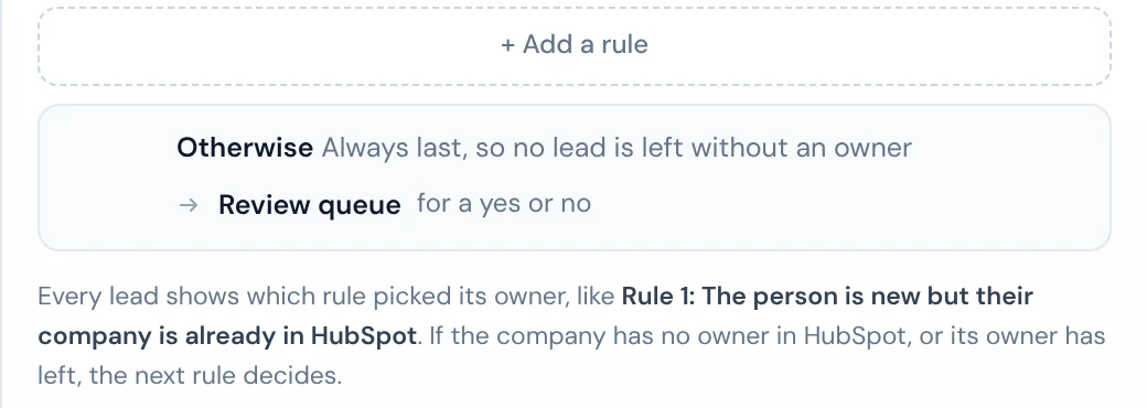 The Otherwise rule, always last, sending unmatched leads to the review queue for a yes or no