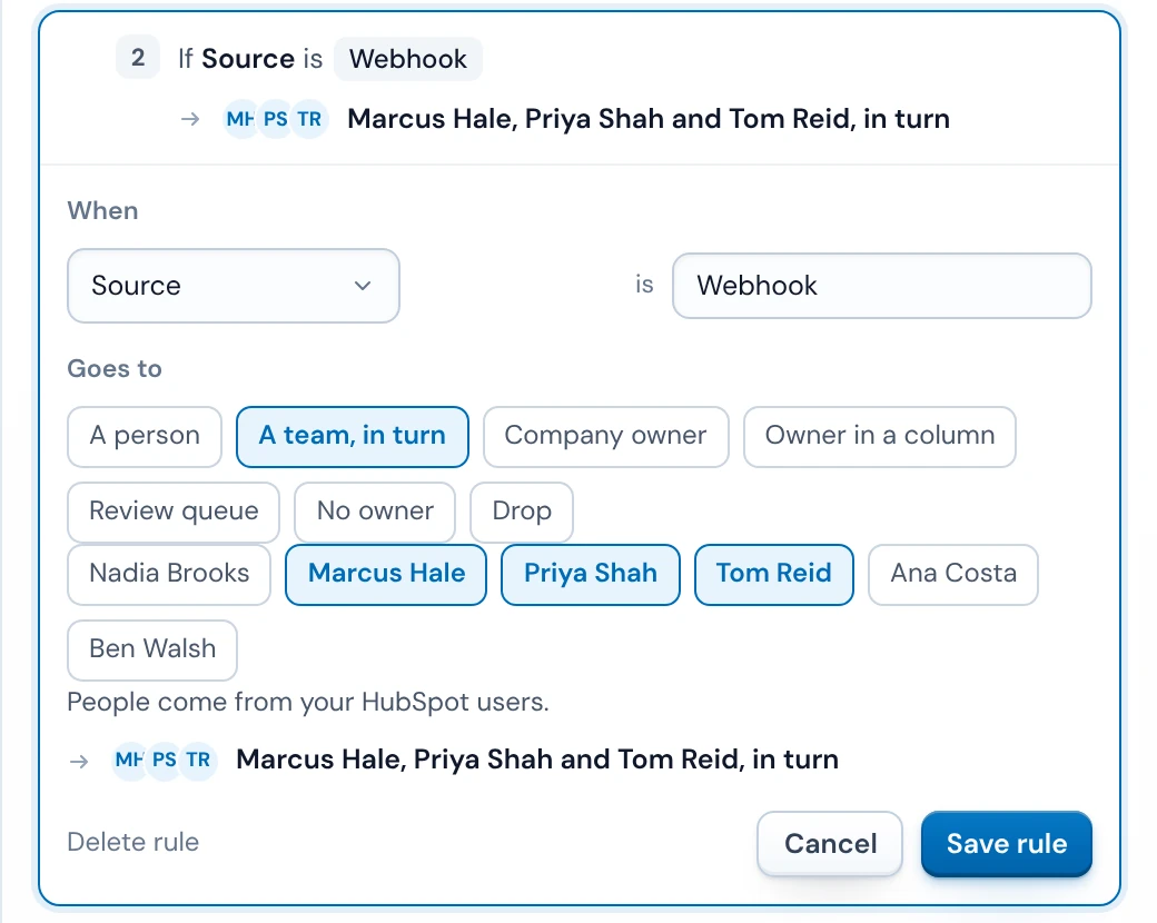 Editing a routing rule in Operelio: webhook leads go to a team in turn, Marcus Hale, Priya Shah and Tom Reid, picked from the HubSpot users